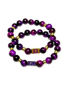 Braccialetto da uomo O Psi Phi con perline, braccialetto elastico con perline in vetro viola e oro, braccialetto con ciondolo. - Product Image 6