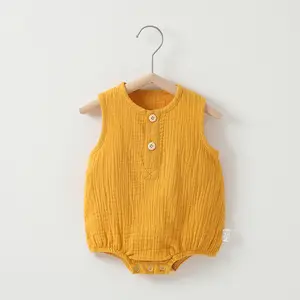 Produsen Custom bayi baru lahir anak laki-laki perempuan katun Crepe kain Romper musim panas Jumpsuit tanpa lengan pakaian overall