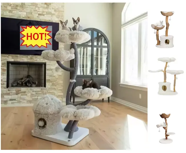 Arbre de Condo de fleur de chat en bois de luxe avec peluche de qualité supérieure et poteaux de sisal jouet interactif de meubles d'escalade