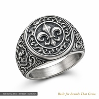 Bague Chevalière Personnalisée Fleur-de-Lys Vintage en Argent Sterling 925, Style Antique Oxydé Baroque, pour Homme, Forte et Imposante, Commande en Gros OEM ODM