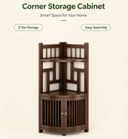 Étagère d'angle en bambou naturel avec porte, meuble de rangement à trois niveaux, nouveau style chinois, présentoir peu encombrant pour salon ou coin mural