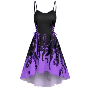 OEM Custom 2022 Gothic Party Women Dress Dip Hem Octopus Print Lace Up Dress Natural Waist Sleeveless Fashion Dress