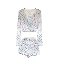 Ensemble haut à manches longues boutonné et short ajusté pour femme, style Y2K, avec dentelle florale, pour le printemps et l'été
