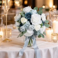 Mousse florale PE pour fleurs artificielles, bouquet de roses avec ruban, bouquets de mariage faits à la main pour la mariée, bleu et blanc