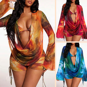 Traje de baño de tres piezas para mujer, estilo bikini, con blusa de manga larga con cordones y estampado sexy, y bóxers ajustados, estilo europeo-<span class=keywords><strong>americano</strong></span> transfronterizo. - Product Image 2