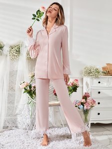Venta al por mayor Pijamas Mujer Fiesta Fuzzy Detalle <span class=keywords><strong>Pijama</strong></span> Botón Frente Contraste Tubería Pluma Viscosa De Bambú Pijamas - Product Image 3