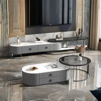 Meuble TV pliable moderne en bois massif avec table basse en verre et hauteur réglable pour petit appartement ou salon