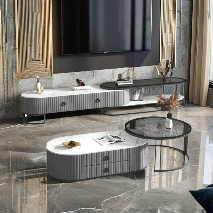 Modern Simple Luxury Rock Plate Tea Table Wooden TV Glass