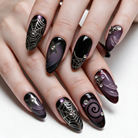 Faux ongles gothiques à presser fabriqués à la machine, motif toile d'araignée noire et violette, étoile et strass, forme amande, réutilisables, vente en gros