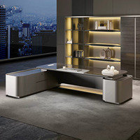 Bureau de direction moderne noir de luxe, table de patron, grand bureau en forme de L, poste de travail haut de gamme, mobilier de bureau commercial design