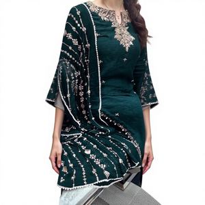 Última Colección de Verano: Conjunto Salwar Kameez de Seda Artística Pesada con Bordado, Listo para Usar, Top, Pantalón y Dupatta para Bodas y Fiestas - Product Image 1