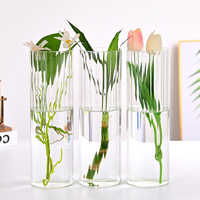 Vase en verre borosilicate soufflé à la main, transparent, à nervures verticales, cylindrique, pour fleurs hydroponiques, décoration de table à la maison