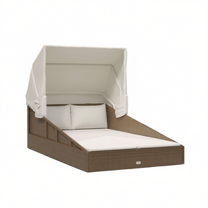 Chaise longue de patio pliable double en rotin PE marron avec coussin, chaise longue d'extérieur confortable, design moderne - Product Image 1