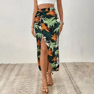 棕榈树印花松紧腰密克罗尼西亚裙女式夏季休闲a线分体下摆时尚沙滩裙