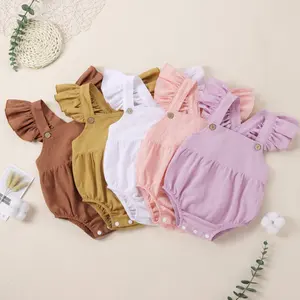 Newborn Baby Girl Romper Infant Solid Color Pleated Jumpsuit Flying Ruffled Sleeve One-piece Garment for Baby