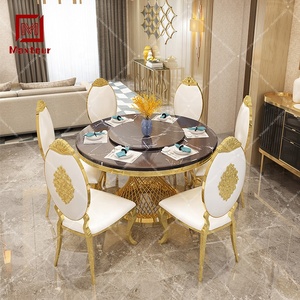 Juego de comedor de lujo de acero inoxidable con tapa de mármol, mesa de cena con <span class=keywords><strong>lazy</strong></span> <span class=keywords><strong>susan</strong></span> para comedor - Product Image 2