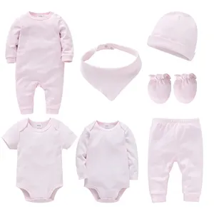 8 Pieces Newborn Baby Clothing Set Pink Blank Muslin Kids Clothes 100% Cotton Romper Jumpsuit Bodysuit Pant Mittens Bib Suit