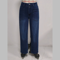 Jean décontracté taille haute extensible pour femme, coupe droite, longueur cheville, double boutonnage, effet ventre plat