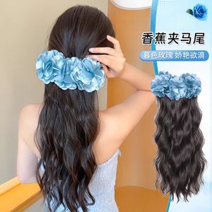 Perruque queue de cheval avec pince banane et motif floral bleu pour femme, extension de cheveux - Product Image 1