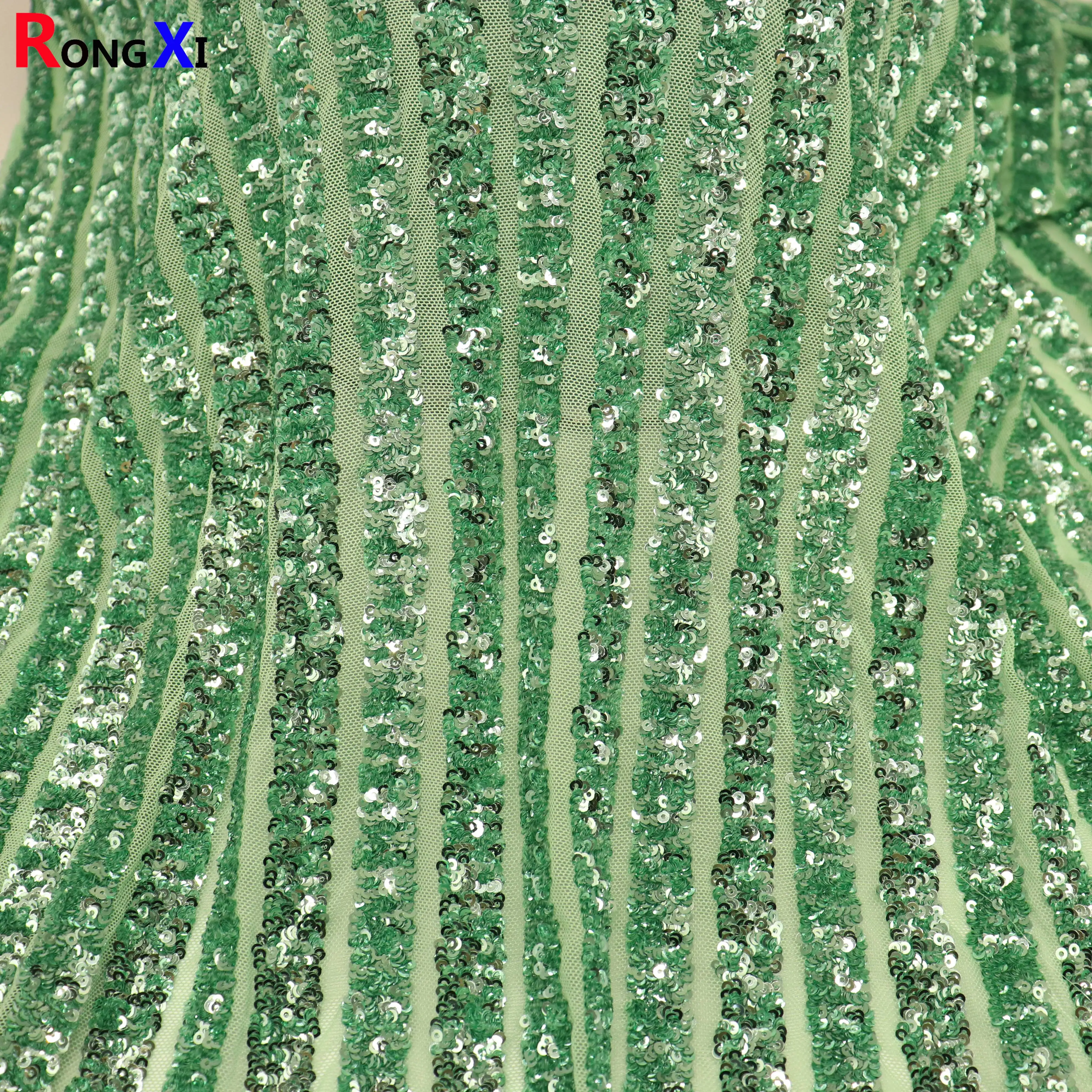 RXF1286 High Quality 3mm Brand New green Sequins Velvet With fabric sequins for weeding cloth