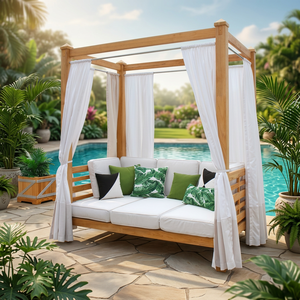 Cama de Exterior Moderna con Toldo de Teca y Cojines Suaves, Tumbona de Lujo para Hoteles y Villas Junto a la Piscina - Product Image 2