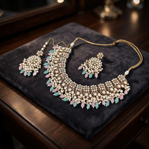 Indian Traditional Antique Gold Plated Kundan Choker Necklace <b>Set</b> Pastel MIX Gemstone Bead Bridal Jewelry <b>Set</b> with Earring - Product Image 2