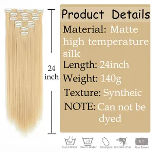 Extensiones de Cabello de 24 Pulgadas con 16 Clips, Cabello Largo y Liso, Sintético, Rubio y Negro, Resistente al Calor, Cabello Postizo - Product Image 2