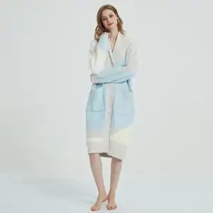 Küçük yaka örgü giyim mikrofiber Spa bornoz rahat Loungewear rahat örgü sıkı süper yumuşak diz boyu elbiseler