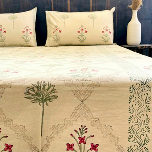 Juego de Sábanas Planas con Estampado Artesanal Sanganeri de la India, con Funda de Almohada, 300 Hilos, 100% Algodón, para Uso Hotelero - Product Image 1