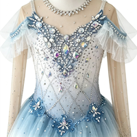 Robe de patinage artistique pour enfants, dégradé blanc et bleu, avec chaîne en maille, dos ouvert, strass faits à la main, en tulle court, pour spectacle sur scène