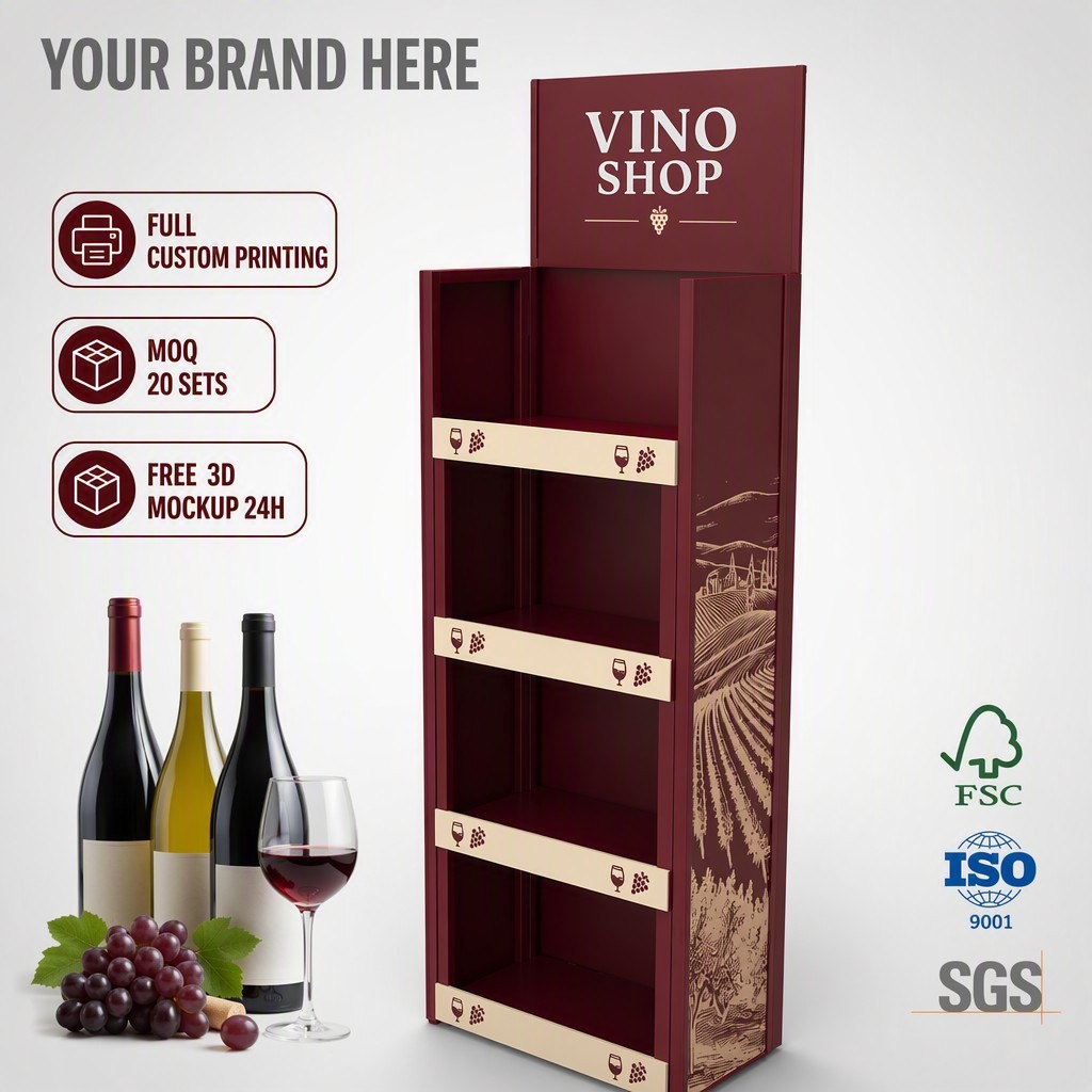 Apache Custom Wine Display Rack 48 Bottles 4-Tier Metal Bottle Merchandiser Knock Down End-Cap Stand for Liquor Shop Retail OEM — view 1