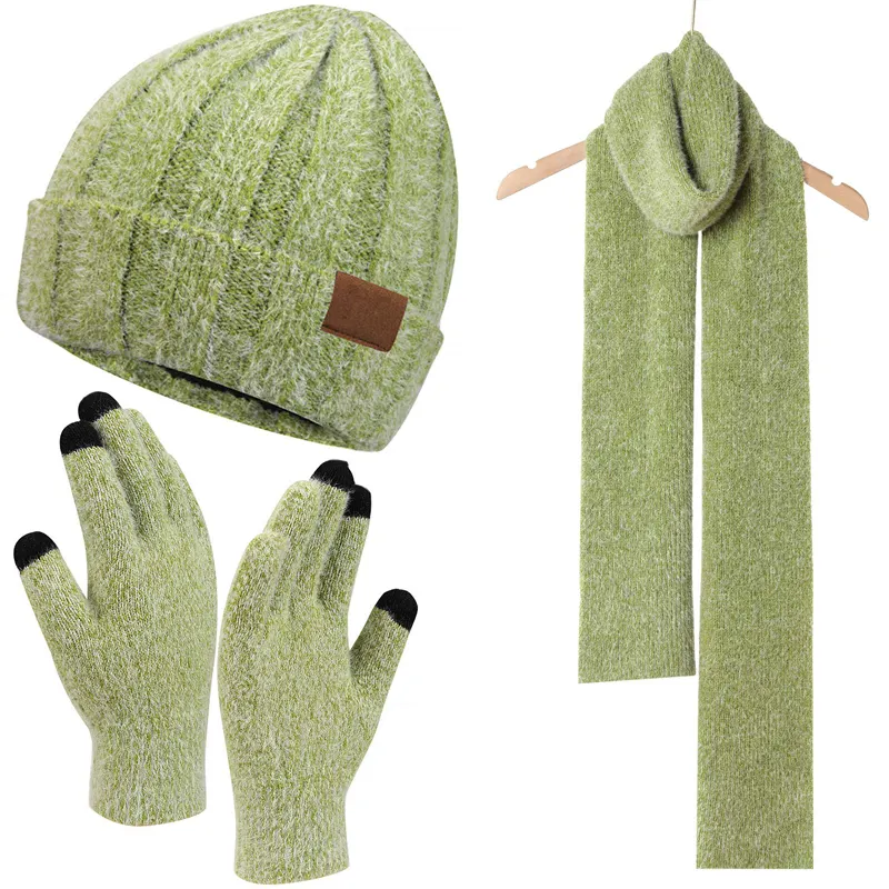 Gorros de lana cálidos para hombre y mujer, bufandas de cuello, gorrito tejido, guantes con pantalla táctil, conjunto de bufanda larga para invierno