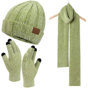 Femmes hommes hiver chaud polaire casquettes cou écharpes tricot bonnet chapeau gants à écran tactile Long écharpe ensemble