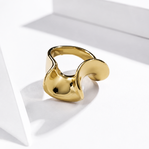 Folded <b>Wave</b> Stainless Steel Ring with 14K Gold Vacuum Plating <b>Mirror</b> Polished Sculptural Statement Design - Product Image 1