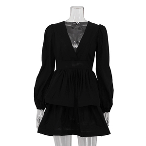 <span class=keywords><strong>Vestido</strong></span> Corto <span class=keywords><strong>Negro</strong></span> de Algodón con <span class=keywords><strong>Cuello</strong></span> en V, Cierre Trasero, Volantes en Capas y Manga Larga para Mujer - Product Image 3