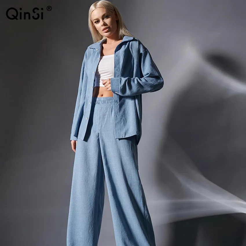 طقم ملابس نوم نسائية أنيقة بأكمام كاملة من QINSI مكسوة بظهر مكشكش أزرق ملابس نوم بخصر عالي فضفاضة بنطال واسع الساق طقم بيجامات