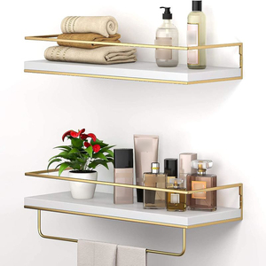 2-Piece Wall-Mounted Wooden <strong>Storage</strong> Shelf Iron Metal Frame <strong>Towel</strong> <strong>Rack</strong> for Home Use-for Bathroom Bedroom Living Room Kitchen - Product Image 1