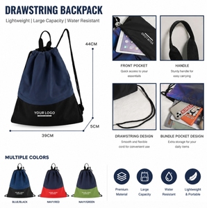 Branded Reflective <b>Drawstring</b> Backpack Bulk Two Tone Cinch Bag Front Zipper Pocket Top Handle Corporate Swag Event Giveaway - Product Image 2