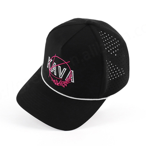 Custom Logo 5 Panel Performance Sports Golf Dad Gorras,Laser Cut Hole Perforated Rope <b>Hat</b>,black Polyester Baseball Cap - Product Image 1