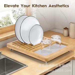 Bamboo and wood kitchen countertop drain <b>rack</b> for dishes, <b>plates</b>, and cups; simple wooden dish storage <b>rack</b>. - Product Image 1