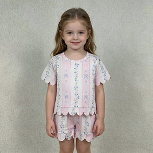 Conjunto de Ropa para Niñas Pequeñas, Estilo Coqueta, con Lazos Rosas y Volantes, Manga Corta y Pantalones Cortos, Venta al Por Mayor, Nueva Llegada, Gran Oferta - Product Image 4