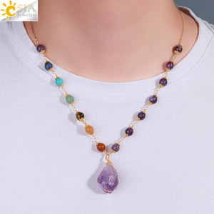 CSJA acciaio inossidabile <span class=keywords><strong>naturale</strong></span> irregolare grezzo ametista <span class=keywords><strong>acquamarina</strong></span> cristallo pietra ciondolo guarigione 7 Chakra <span class=keywords><strong>collana</strong></span> per le donne H175 - Product Image 5