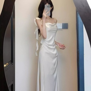 French Style <b>Satin</b> <b>Halter</b> Neck Dress Natural Waist Asymmetric Midi Evening Dress Solid Color Comfortable Fit - Product Image 1
