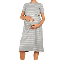 Robe de maternité rayée pour femme enceinte, idéale pour l'automne, la post-partum et l'allaitement, tenue décontractée pour la maison, en polyester – Grande Vente