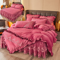 Ensemble de literie complet avec couette, draps et jupe de lit, en dentelle et velours brodé, pour la maison