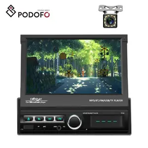 Podofo 1 Din 7 "车载收音机放射自显影MP5视频播放器，带电动触摸屏辅助输入调频/USB + 12发光二极管后置摄像头