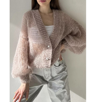 Cardigan ample et luxueux en mohair d'alpaga duveteux à col en V, léger et fin pour le printemps, pour femme, en acrylique, coupe ajustée, épaules dénudées
