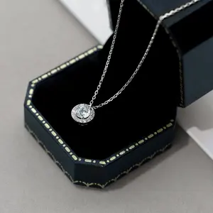 Fine Jewelry Gifts Women Girls 925 Sterling Silver Cubic Zircon Necklace Round Halo Crystal Pendant Necklace
