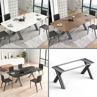 Table de réunion à cadre trapézoïdal, plateau en marbre noir, table à manger, pieds de table en métal brossé avec double barre centrale