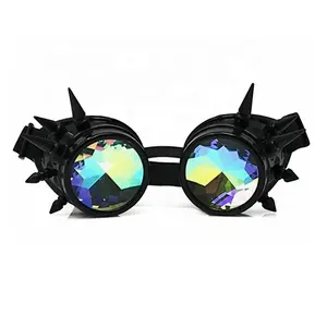 Black Punk Kaleidoscope Goggles for Raves Trippy Psychedelic Steampunk Glasses with Rainbow Prism Diffraction Crystal Lenses